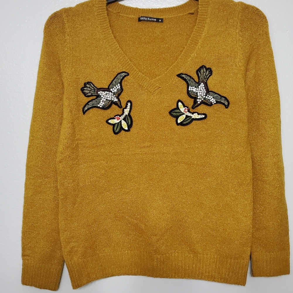 Talita Kume Bird Patches Soft Mustard Sweater Top